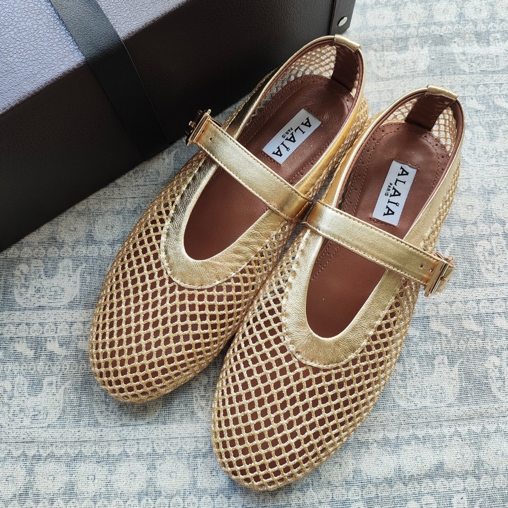 Alaia Gold Mesh Mary Jane Flats with Buckle Strap - Picture 1 of 6